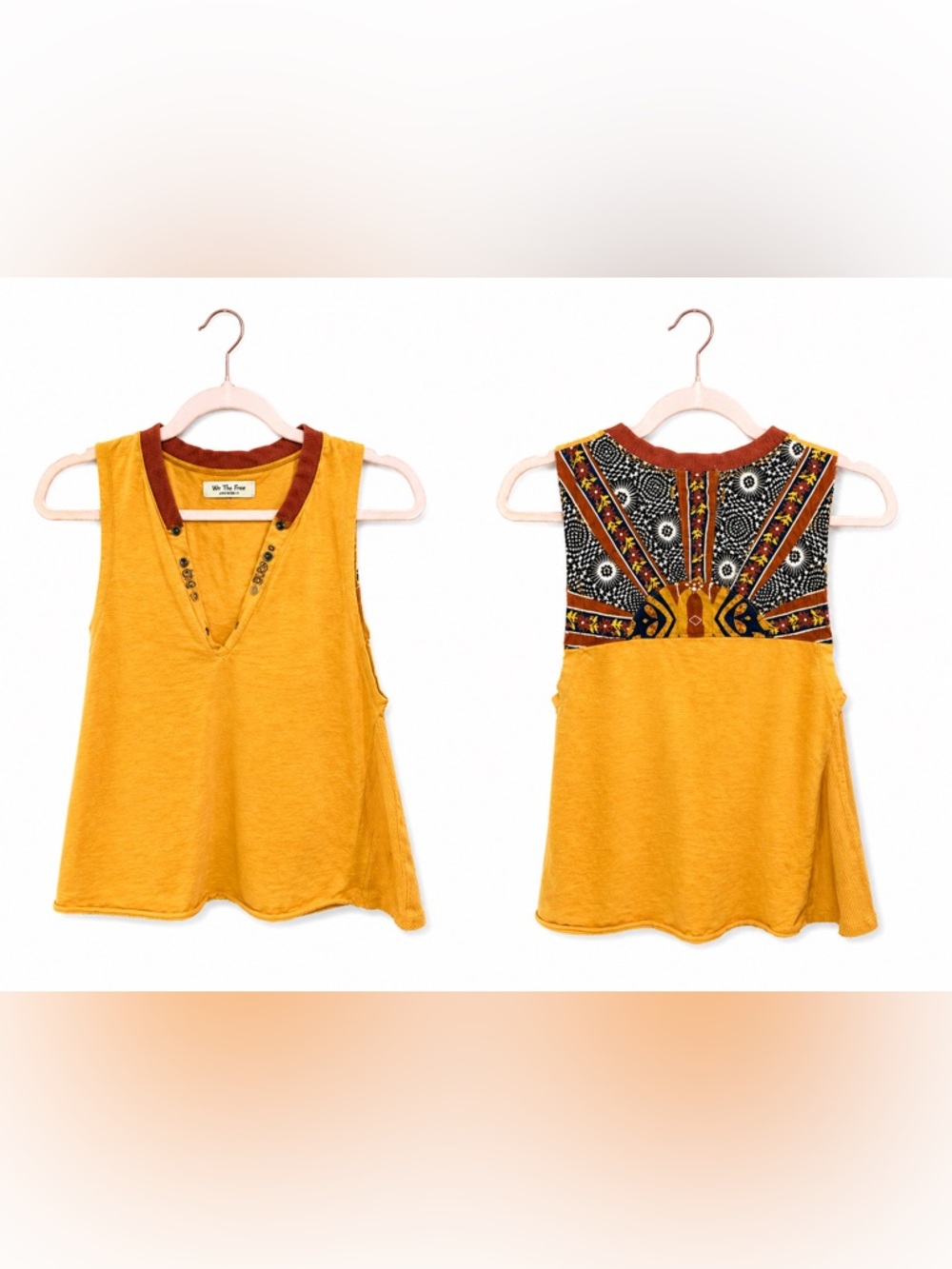 Free People We The Free Mustard Tank Top L (Fits XS–M) Boho Back Detail
